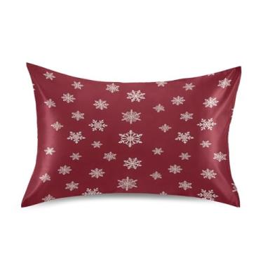 Imagem de Wassud Flocos de neve brancos de cetim vermelho fronha para cabelo e pele fronhas de seda lisa queen size capas de travesseiro respiráveis com fecho de envelope