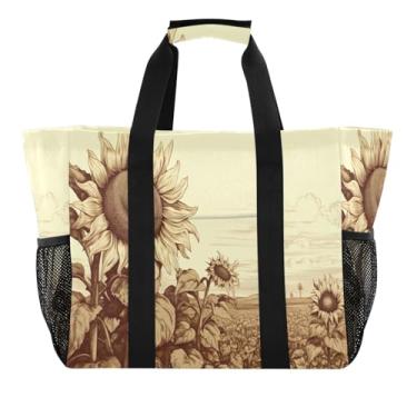 Imagem de Wassud Sacolas de compras reutilizáveis de campo de girassol grande bolsa organizadora de lona impermeável para praia, piquenique, lavanderia, viagem