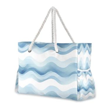 Imagem de Wassud Bolsa de praia simples azul marinho grande bolsa de praia para mulheres, impermeável, à prova de areia, bolsa de viagem com zíper e bolso para piscina academia acampamento