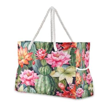 Imagem de Wassud Bolsa de praia grande para mulheres, cacto aquarela, impermeável, à prova de areia, bolsa de viagem com zíper e bolso para piscina, academia, acampamento