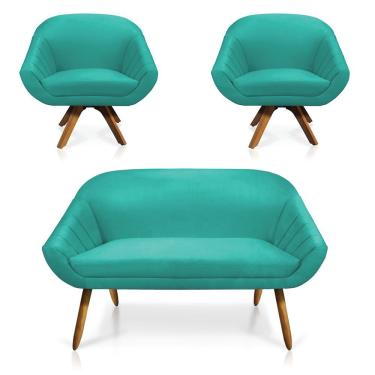 Imagem de Kit 01 Namoradeira 02 Lugares E 02 Poltronas Giratória Giovana Suede Base Madeira Mm30 - D'rossi Cor Azul Turquesa