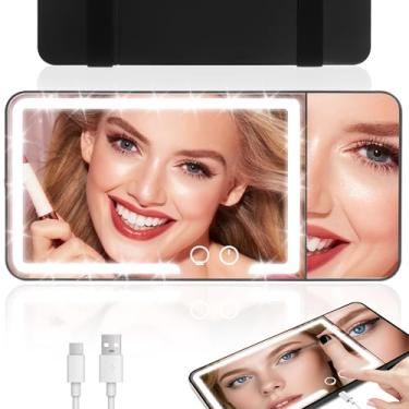 Imagem de Viseira de sol para carro com luz LED recarregável, espelho de vaidade de carro com ampliação 3X com 3 modos de luz e tela sensível ao toque regulável, espelho universal de maquiagem de viagem para