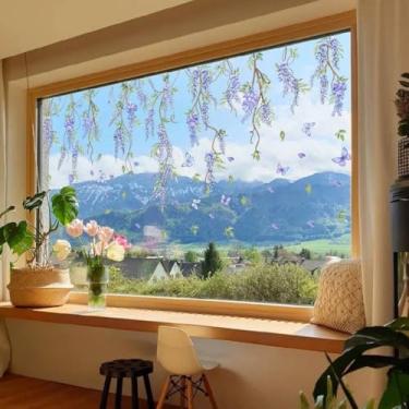 Imagem de Adesivo de janela de flor de glicínia roxa azul, adesivo de janela estática de borboleta em aquarela, adequado para salas de estar, quartos, portas de vidro de janela, banheiros