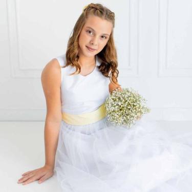 Imagem de Vestido Infantil Longo Branco Faixa AMARELO CLARO REF4072 - Só Mariazi