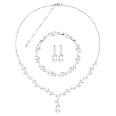 Imagem de ZCGJWE Conjunto de joias para mulheres, noiva, dama de honra, festa de casamento, formatura, brincos, pulseira, presente para mãe, esposa, amiga, Latão, Pérola sintética