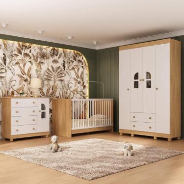 Imagem de Quarto De Bebê Completo Berço 3 Em 1 Para Colchão 130x60cm Nina Multimóveis MP4550 Madeirado-branco