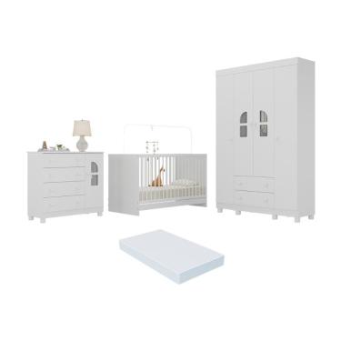 Imagem de Quarto De Bebê Completo Com Berço 3 Em 1 Com Colchão Incluso Nina Multimóveis MP4566 Branco