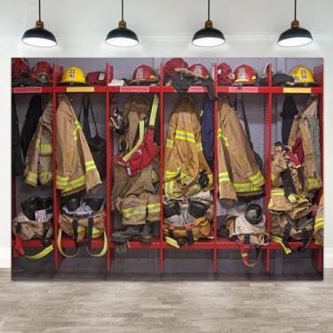 Imagem de ASDCXZ Pano de fundo de bombeiro de 2,1 x 1,5 m para fotografia de bombeiro, decoração de festa de aniversário, equipamento de combate a incêndios, bandeira, retrato de bombeiro, cabine de fotos