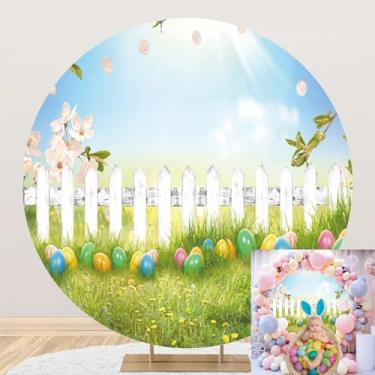 Imagem de OERJU Capa de pano de fundo redonda de primavera Páscoa fotografia pano de fundo de Páscoa ovos coloridos jardim flores cerca grama verde fundo crianças decorações de festa de Páscoa arco foto cabine