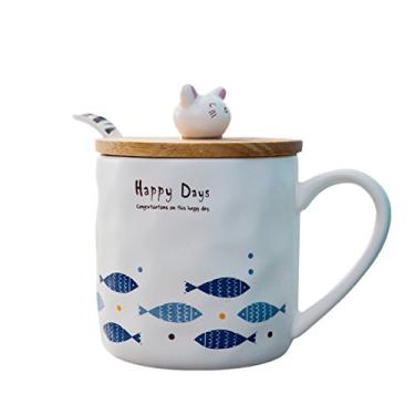 Imagem de Caneca de café de cerâmica de gato fofo com tampa de madeira e colher para crianças, esposa, amante (340 g)