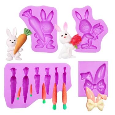 Imagem de Moldes de silicone de coelhinho da Páscoa, moldes de fondant de cenoura, moldes para fazer doces de coelho para decoração de bolos de chocolate, artesanato em resina, conjunto de 4