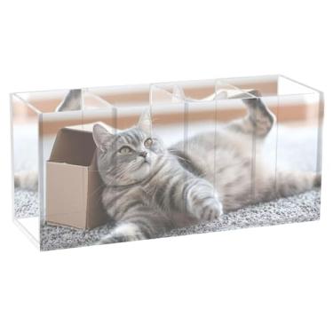 Imagem de TSENQUE Porta-lápis de mesa de acrílico personalizado com gato fofo deitado para escritório, suporte de pincéis de maquiagem, copo de caneta, escritório e estética