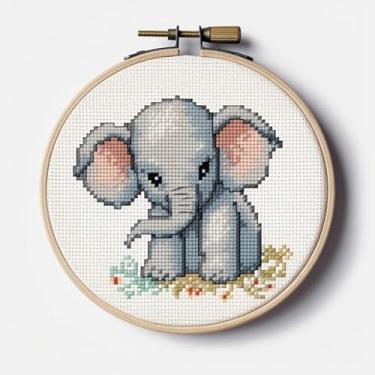 Imagem de Kits de ponto cruz estampado com aro para iniciantes, elefante fofo, faça você mesmo, padrões pré-impressos de 11 quilates, kit de bordado para decoração de casa 38 x 38 cm (77)