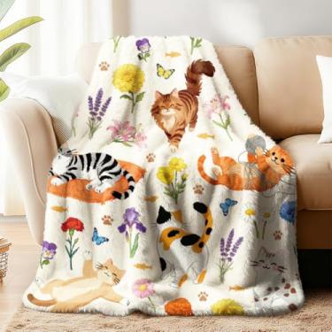 Imagem de WADORN Cobertor de gato presente para mulheres, mães e meninas, 500 g/m2, cobertores de flores florais para amantes de gatinhos, flores silvestres, felpudo, macio flanela, cobertor para escritório