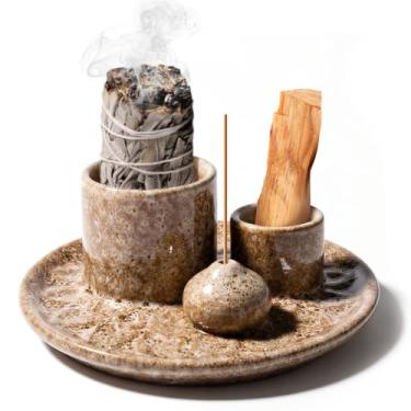 Imagem de Incenso 4 em 1 e suporte de vela, bandeja coletora de cinzas, durável, bonita, queimador de incenso para Palo Santo para queimar sálvia e palitos para queimar, adequado para ioga, meditação, casa