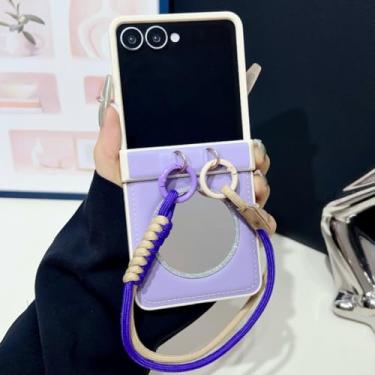 Imagem de Capa de couro espelhado de luxo para Samsung Galaxy Z Flip 3 4 5 6 7 5g Zflip7 Fe Flip6 com cordão e proteção para dobradiça (para Galaxy Z Flip7 FE/Roxo)