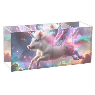 Imagem de TSENQUE Porta-lápis de mesa decorativo fofo unicórnio porco fantasia universo artesanato suporte acrílico pincel de maquiagem, copo de caneta, 20 cm x 6,3 cm x 9 cm