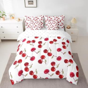 Imagem de jejeloiu Jogo de cama solteiro com estampa de cereja vermelha e cereja em um saco, para meninos, meninas, adolescentes, jade, branco, 7 peças
