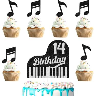 Imagem de Topo de bolo de piano infantil 8º aniversário feliz notas musicais conjunto de 7 peças decorações, festa de aniversário para meninos e meninas, festa de concerto, material de decoração de festa tema