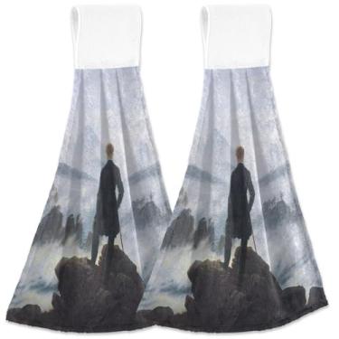 Imagem de TSENQUE Toalha de mão Caspar David Friedrich Wanderer Sea Fog com laços para pendurar toalhas de gravata de forno personalizadas conjunto de 2 itens essenciais de cozinha decorativos absorventes, 46 x