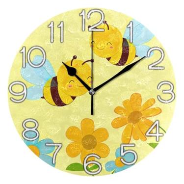 Imagem de GAIGEO Relógio de parede analógico decorativo estético silencioso sem tique-taque relógio de cozinha fofo, retrô moderno art deco decoração de parede bonito desenho animado abelhas amarelas flores, 25
