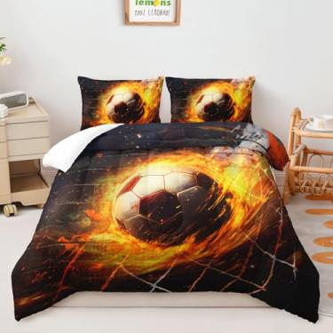 Imagem de AILONEN Jogo de cama solteiro com estampa de futebol de fogo, conjunto de edredom com tema esportivo para crianças e adultos, colcha macia com 2 fronhas, 3 peças