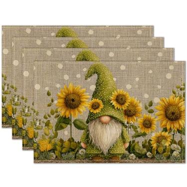 Imagem de HOMETITUTE Jogo americano de primavera, conjunto de 4 tapetes de mesa com gnomo de girassol de 30,5 x 45,7 cm para jantar, roupa de cama, decoração de cozinha de fazenda, tapete de mesa para uso ao ar