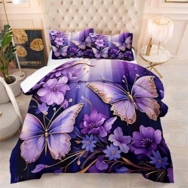 Imagem de YIXINZHUANJIN Jogo de cama completo de algodão com borboletas e borboletas roxas, para meninas e meninas, incluindo 1 edredom e 2 fronhas - 203 x 228 cm
