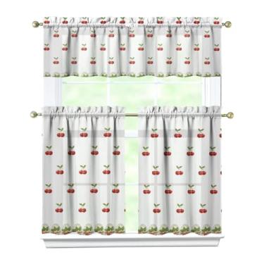 Imagem de Tapesb Conjunto de 3 peças de cortina de cozinha de cerejeira engraçado cortinas de janela pequenas sobre a pia essenciais para decoração de cozinha, quarto, lavanderia, 69,8 x 91,4 cm