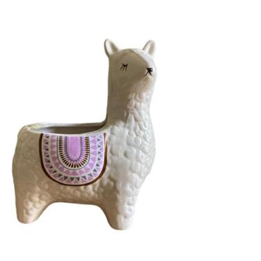 Imagem de SJBAG Vaso de suculentas de cerâmica em forma de lhama com orifícios de drenagem, vaso de animais pintado à mão para cactos e suculentas internos, decoração de casa exclusiva e presente (branco, 15 cm