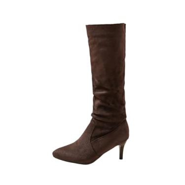 Imagem de Botas femininas cano alto inverno casual plissado despojado bico fino salto fino camurça, Café, 39