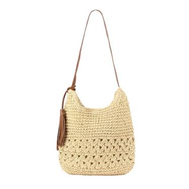 Imagem de Nefokfdus Bolsas de praia para mulheres, bolsa de praia de tecido de verão, bolsas de ombro grandes feitas à mão para férias de verão, Bege