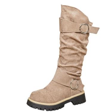 Imagem de Botas femininas forradas de pelúcia bico redondo sola grossa fivela de cinto confortável casual versátil, Caqui, 36