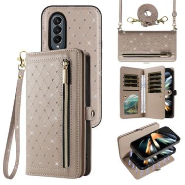 Imagem de Asuwish Capa de celular para Samsung Galaxy Z Fold 4 5G 2022 com zíper carteira magnética destacável alça transversal com glitter flip suporte para cartão de crédito ZFold4 Z4 Fold4 4Z ZFold45G