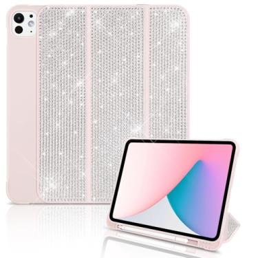Imagem de Leuhiove Capa Bling para iPad Pro 11 polegadas M5 2025 / M4 2024, capa com suporte de strass brilhante, suporta Touch ID despertar/hibernar automaticamente (rosa com porta-lápis)
