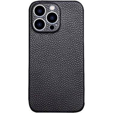 Imagem de FULNES Capa de telefone traseira, para Apple iPhone 14 Plus 6,7 polegadas 2022 couro genuíno à prova de choque capa padrão de lichia [proteção de câmera atualizada] (Cor: Preto)