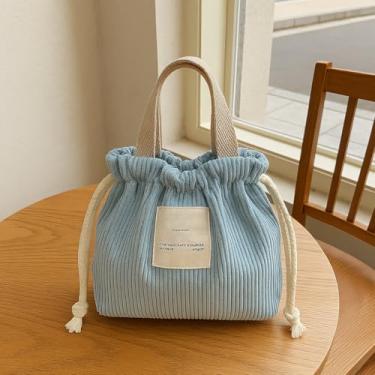 Imagem de Bolsa de mão minimalista japonesa com cordão – Bolsa de veludo cotelê cor doce, bolsa Bento de grande capacidade, bolsa quadrada pequena para uso diário, Azul