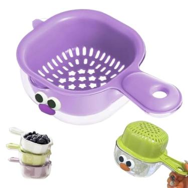 Imagem de Cesta de drenagem de camada dupla de cozinha com alça, tigela de lavagem de frutas de plástico de drenagem dupla, mini lavadora de frutas e tomate prática, recipiente de armazenamento de frutas (roxo)