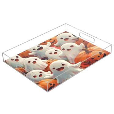 Imagem de xigua Bandeja de servir de acrílico fantasma de Halloween com alças à prova de derramamento, bandejas decorativas de festa de Halloween, bandeja organizadora de bancada para banheiro, cozinha, 30,5 x