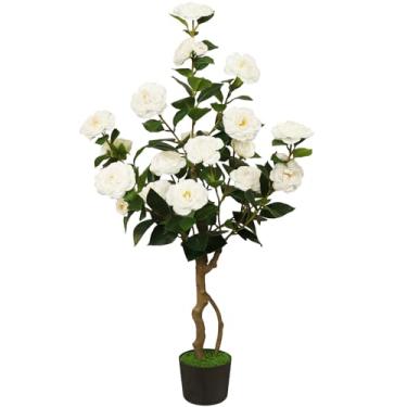 Imagem de Camélia artificial, 1 pacote, planta de camélia falsa de 9,5 m em vaso com 24 flores desabrochando, planta em vaso de vegetação falsa para decoração de piso de casa e escritório (branca)