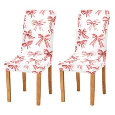 Imagem de SEHANY Conjunto de 4 capas de cadeira com laço de bolinhas rosa para sala de jantar, elástico, removível e lavável, para cozinha, hotel, festa, Natal