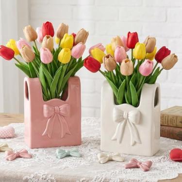 Imagem de 2 peças de vaso de cerâmica com laço rosa e branco, suporte de caneta, pincel de maquiagem, presentes de dia dos namorados, presente feminino para casamento, casa, escritório, prateleira, mesa (laço