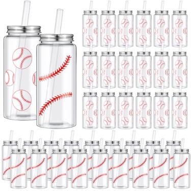 Imagem de Maxdot Pacote com 36 copos de beisebol de 402 g Copos de plástico de beisebol com tampa e canudo copo de beisebol a granel com tampa, garrafas de suco de plástico transparente reutilizável para bolas