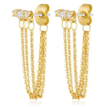 Imagem de Brincos femininos banhados a ouro 14 K - Brincos de barra de pedra tripla de zircônia cúbica com longas correntes drapeadas - Brinco, hipoalergênico, minúsculo, joia de presente