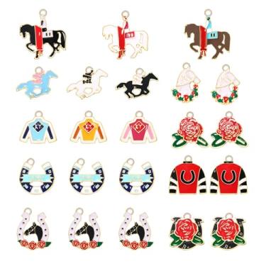 Imagem de Pingentes de pingentes Kentucky Derby, 23 peças, pingente de cavalo Derby esmaltado para fabricação de joias, traje de equitação, ferraduras, pingentes de flores de rosa para brinco, colar,