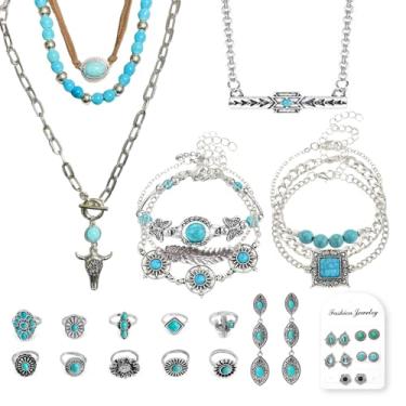 Imagem de Artfolder 26 peças de joias de vaqueira turquesa para mulheres com colar boho em camadas, brincos turquesa, pulseira boêmia e conjunto de anéis, joias country western para presente feminino