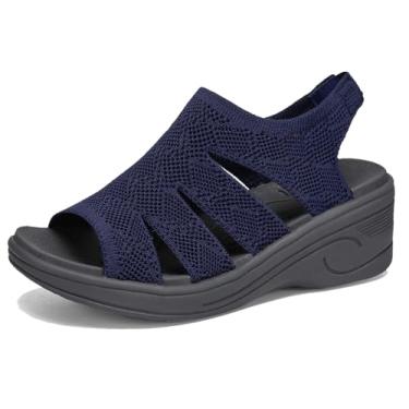 Imagem de YESWIN Sandálias femininas plataforma plataforma caminhada bico aberto tira elástica no tornozelo casual confortável verão elegante, Azul marino, 35