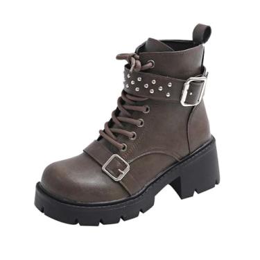 Imagem de Botas femininas modernas casuais para motociclistas, fivela de cinto, bico redondo, cadarço e salto médio, Cinza escuro, 38