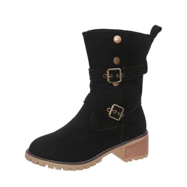 Imagem de Botas femininas casuais, versáteis, fofas, modernas, de outono e inverno, salto moderno, fivela dupla, cano médio, Preto, 38