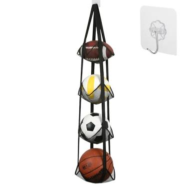 Imagem de Easecos Bolsa de armazenamento de bola esportiva - Organizador de equipamentos esportivos de 4 níveis, bolsa de malha para armazenamento de bolas, suporte na parede, garagem, equipamento esportivo